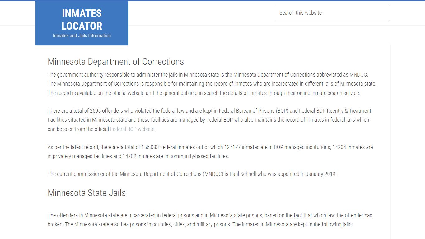 Minnesota Department of Corrections - Inmates Locator
